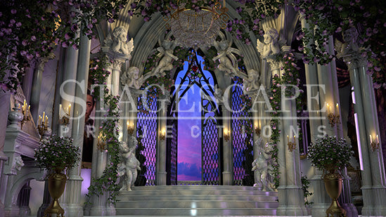 The West Wing Restored static scenic projection backdrop for Beauty and the Beast - warm and enchanted West Wing interior after the curse breaks. Multiple lighting states. Hand-crafted by StageScape Projections.