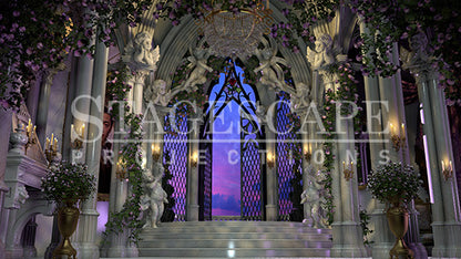 The West Wing Restored static scenic projection backdrop for Beauty and the Beast - warm and enchanted West Wing interior after the curse breaks. Multiple lighting states. Hand-crafted by StageScape Projections.