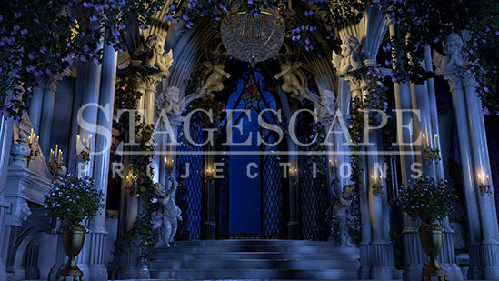 The West Wing Restored static scenic projection backdrop for Beauty and the Beast - warm and enchanted West Wing interior after the curse breaks. Multiple lighting states. Hand-crafted by StageScape Projections.