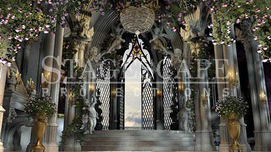 The West Wing Restored static scenic projection backdrop for Beauty and the Beast - warm and enchanted West Wing interior after the curse breaks. Multiple lighting states. Hand-crafted by StageScape Projections.