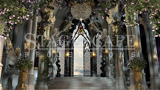 The West Wing Restored static scenic projection backdrop for Beauty and the Beast - warm and enchanted West Wing interior after the curse breaks. Multiple lighting states. Hand-crafted by StageScape Projections.