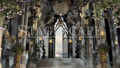 The West Wing Restored static scenic projection backdrop for Beauty and the Beast - warm and enchanted West Wing interior after the curse breaks. Multiple lighting states. Hand-crafted by StageScape Projections.