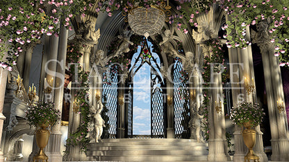 The West Wing Restored static scenic projection backdrop for Beauty and the Beast - warm and enchanted West Wing interior after the curse breaks. Multiple lighting states. Hand-crafted by StageScape Projections.