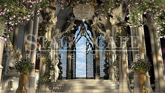 The West Wing Restored static scenic projection backdrop for Beauty and the Beast - warm and enchanted West Wing interior after the curse breaks. Multiple lighting states. Hand-crafted by StageScape Projections.
