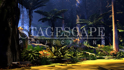 The Wild Forest 1 scenic projection backdrop for The Wizard of Oz - a wet, glowing forest with fireflies and misty blue light. StageScape Projections.