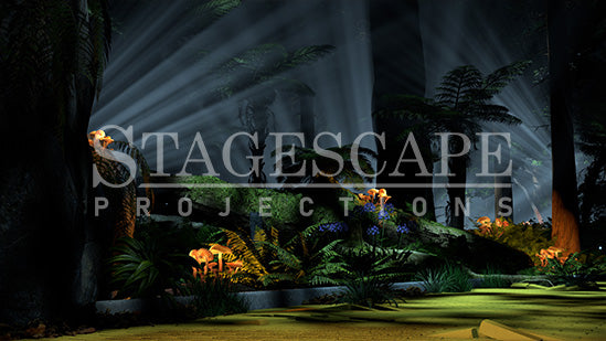 The Wild Forest 1 scenic projection backdrop for The Wizard of Oz - a wet, glowing forest with fireflies and misty blue light. StageScape Projections.