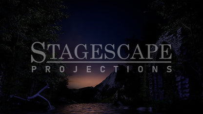 3D-rendered lakeside scenic projection backdrop for Swan Lake ballet, featuring gothic ruin, framed trees and distant mountains.