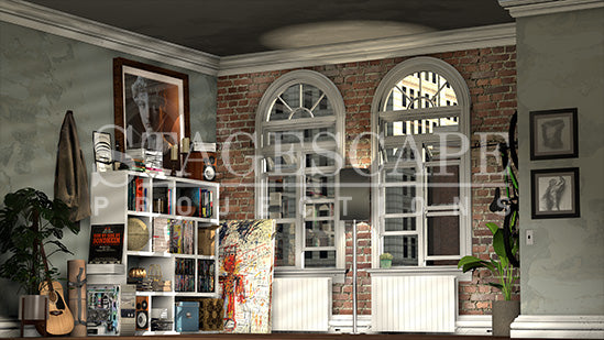 Writer's New York Apartment static scenic projection backdrop for Next Fall — intimate New York apartment setting with multiple lighting states. Hand-crafted by StageScape Projections.