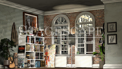 Writer's New York Apartment static scenic projection backdrop for Next Fall — intimate New York apartment setting with multiple lighting states. Hand-crafted by StageScape Projections.