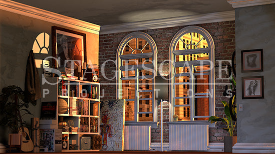 Writer's New York Apartment static scenic projection backdrop for Next Fall — intimate New York apartment setting with multiple lighting states. Hand-crafted by StageScape Projections.