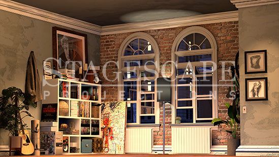 Writer's New York Apartment static scenic projection backdrop for Next Fall — intimate New York apartment setting with multiple lighting states. Hand-crafted by StageScape Projections.