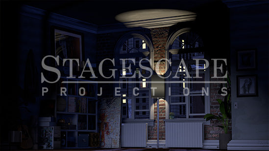 Writer's New York Apartment static scenic projection backdrop for Next Fall — intimate New York apartment setting with multiple lighting states. Hand-crafted by StageScape Projections.