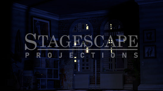 Writer's New York Apartment static scenic projection backdrop for Next Fall — intimate New York apartment setting with multiple lighting states. Hand-crafted by StageScape Projections.