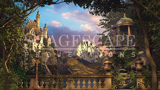 Royal Palace Gardens 001 — theatrical stage projection backdrop showing a grand European palace gardens in afternoon light with sandstone balustrade, rotunda, alpine lake and clifftop palace, StageScape Projections