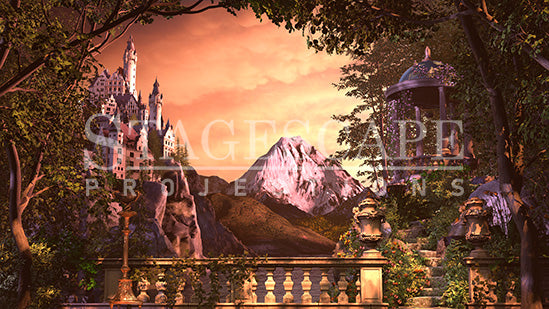 Royal Palace Gardens 002 - theatrical stage projection backdrop showing a grand European palace gardens in warm late afternoon light with amber sky, clifftop palace and ornate rotunda, StageScape Projections