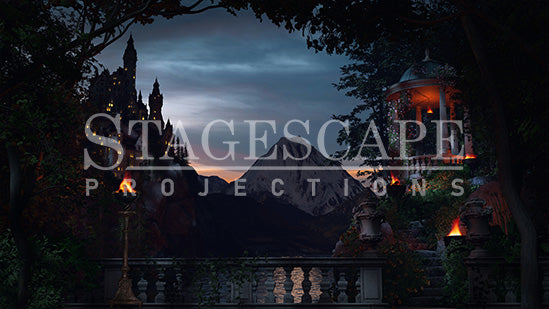 Royal Palace Gardens 004 - theatrical stage projection backdrop showing a grand European palace gardens at evening with glowing castle windows, lit braziers and dark alpine lake, StageScape Projections