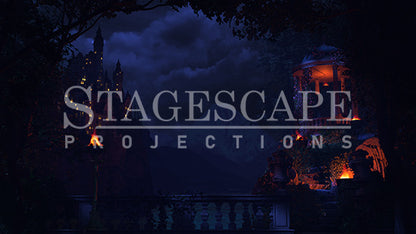 Royal Palace Gardens 005 - theatrical stage projection backdrop showing a grand European palace gardens at night with deep blue sky, glowing castle windows, lit braziers and emerging stars, StageScape Projections